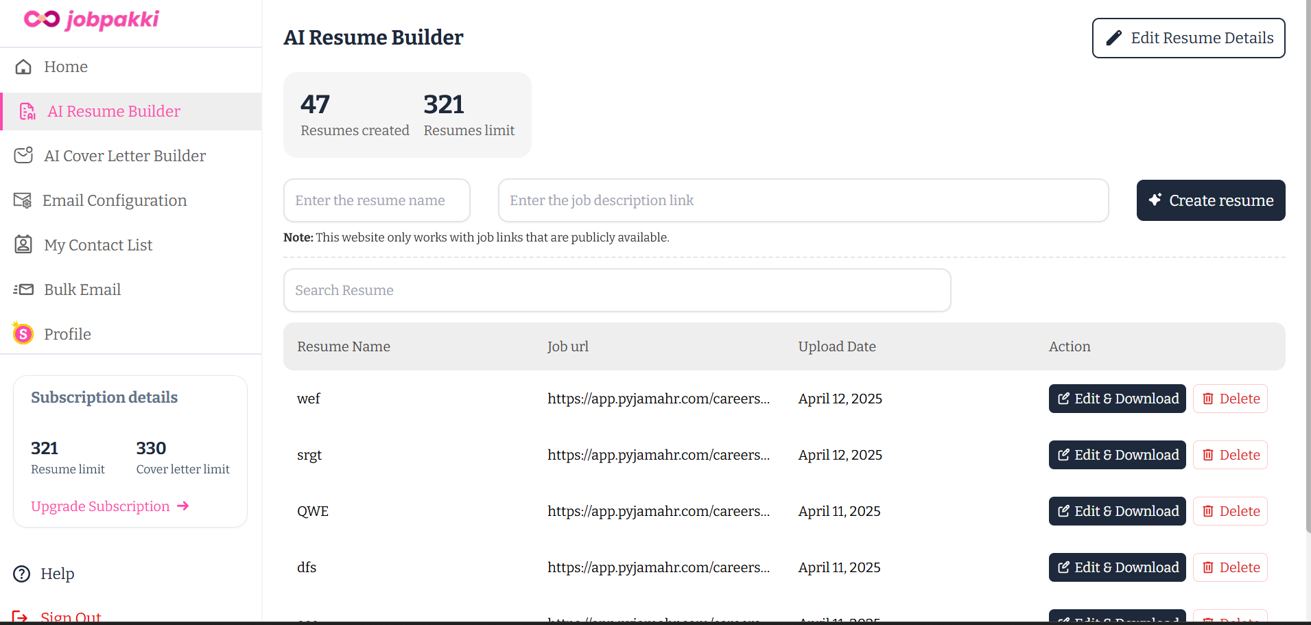 jobpakki User Dashboard