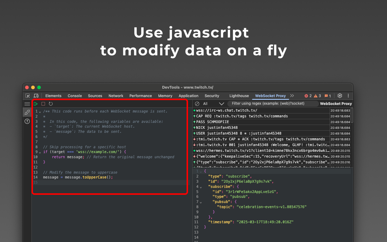 Tests.ws Use javascript  to modify data on a fly