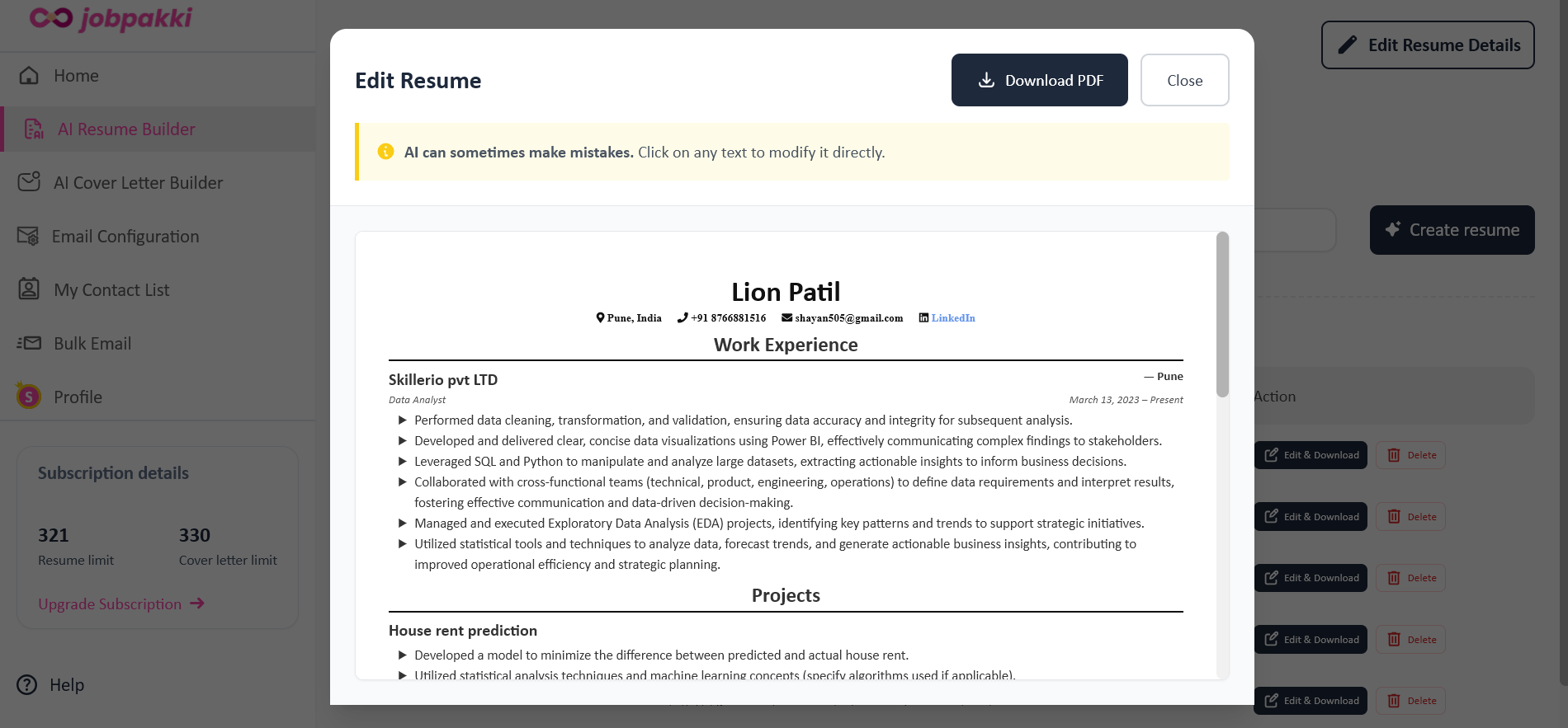 jobpakki AI resume generator