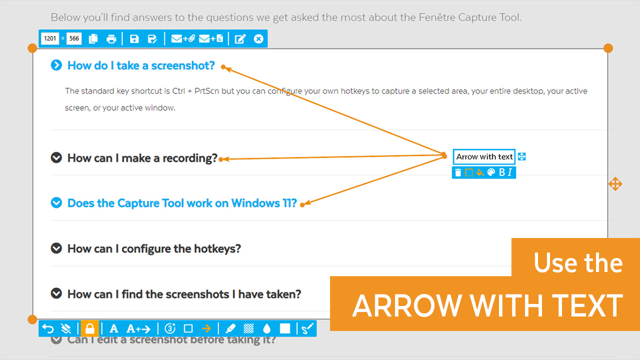 Fenêtre Capture Tool Add arrows and annotations with 1 click