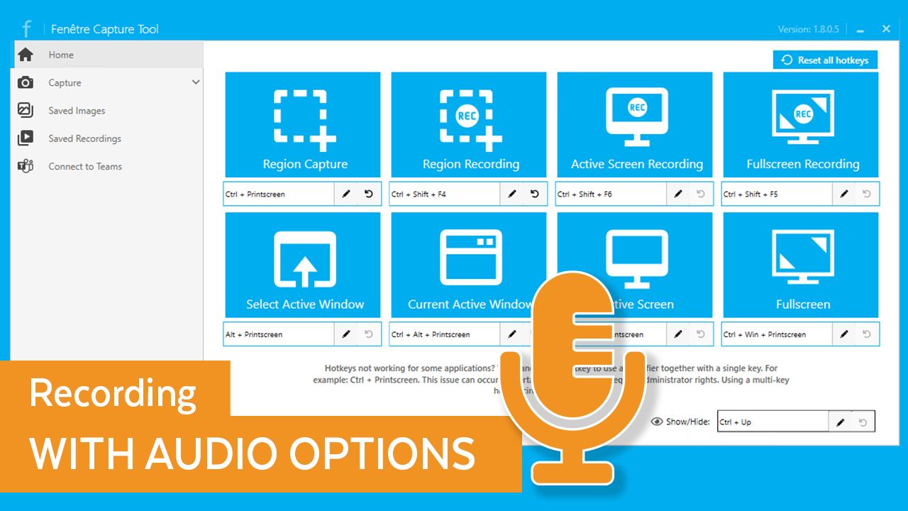 Fenêtre Capture Tool Screen recording with audio options