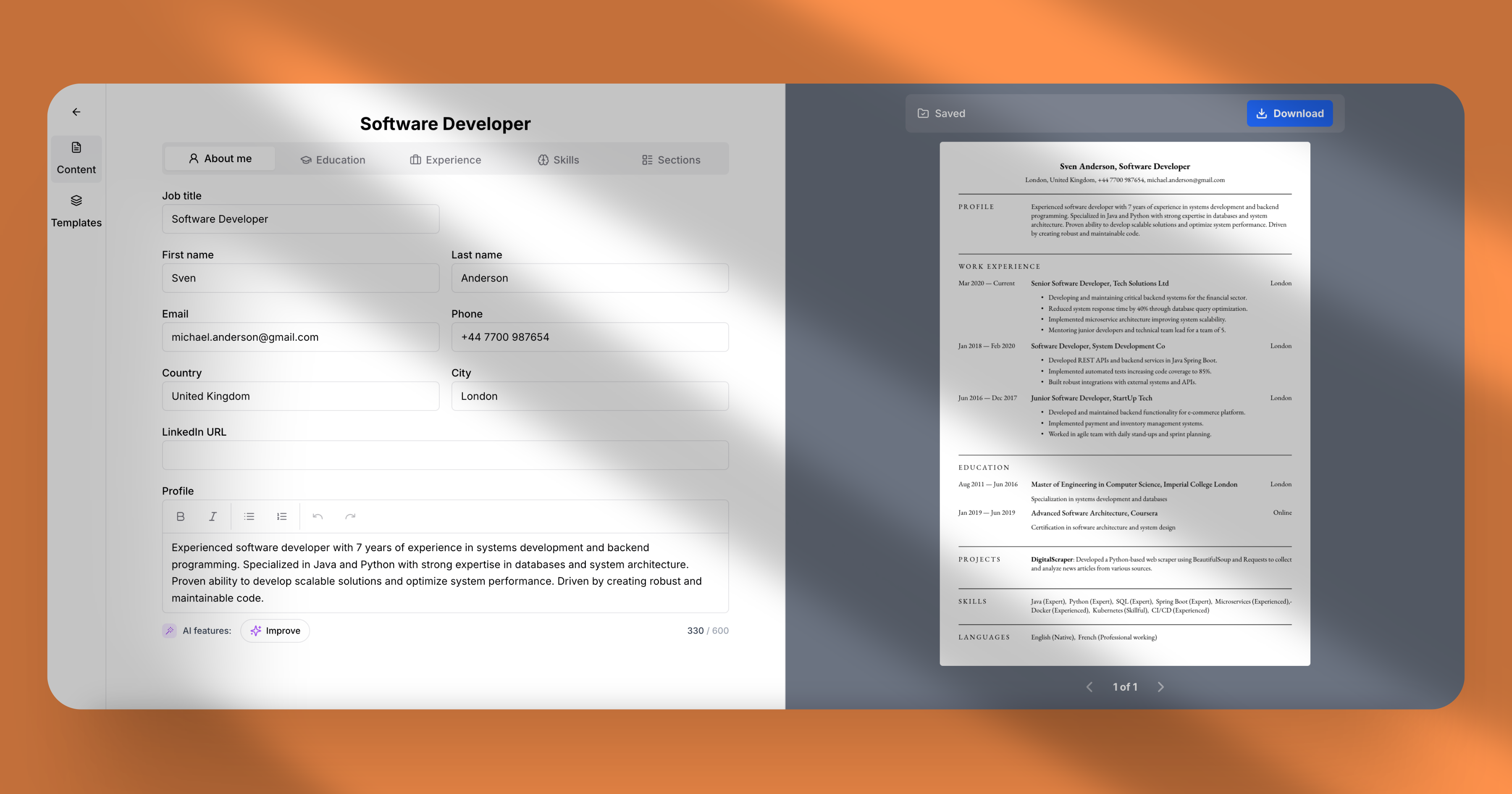 ResumeBuildAI.com build resume page