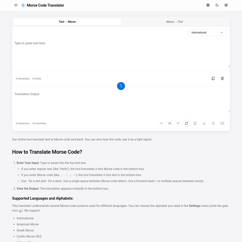 Online Morse Code Translator Landing Page