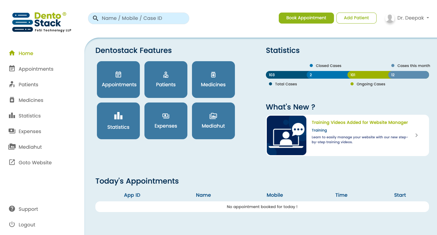 Dentostack Patient Mangement Homepage