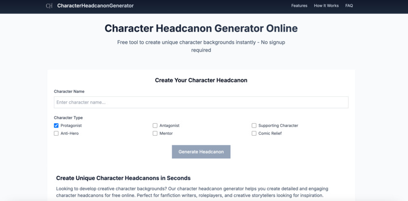 Character Headcanon Generator Online Landing Page