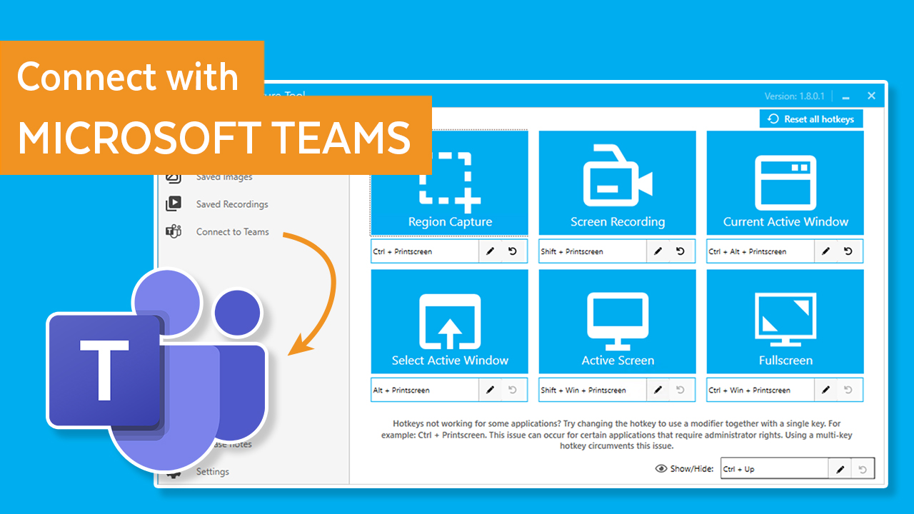 Fenêtre Capture Tool Connect with MS Teams to share recordings fast and easy