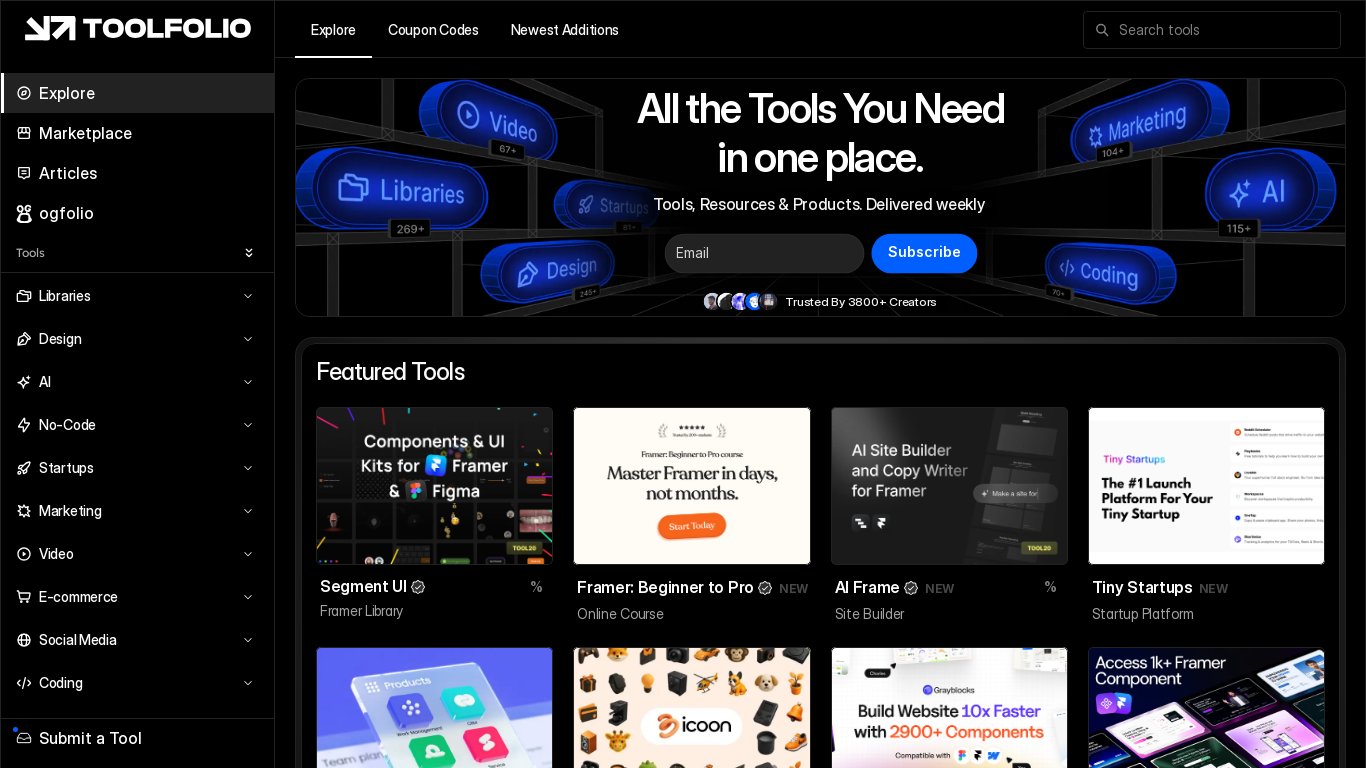 Toolfolio Landing page