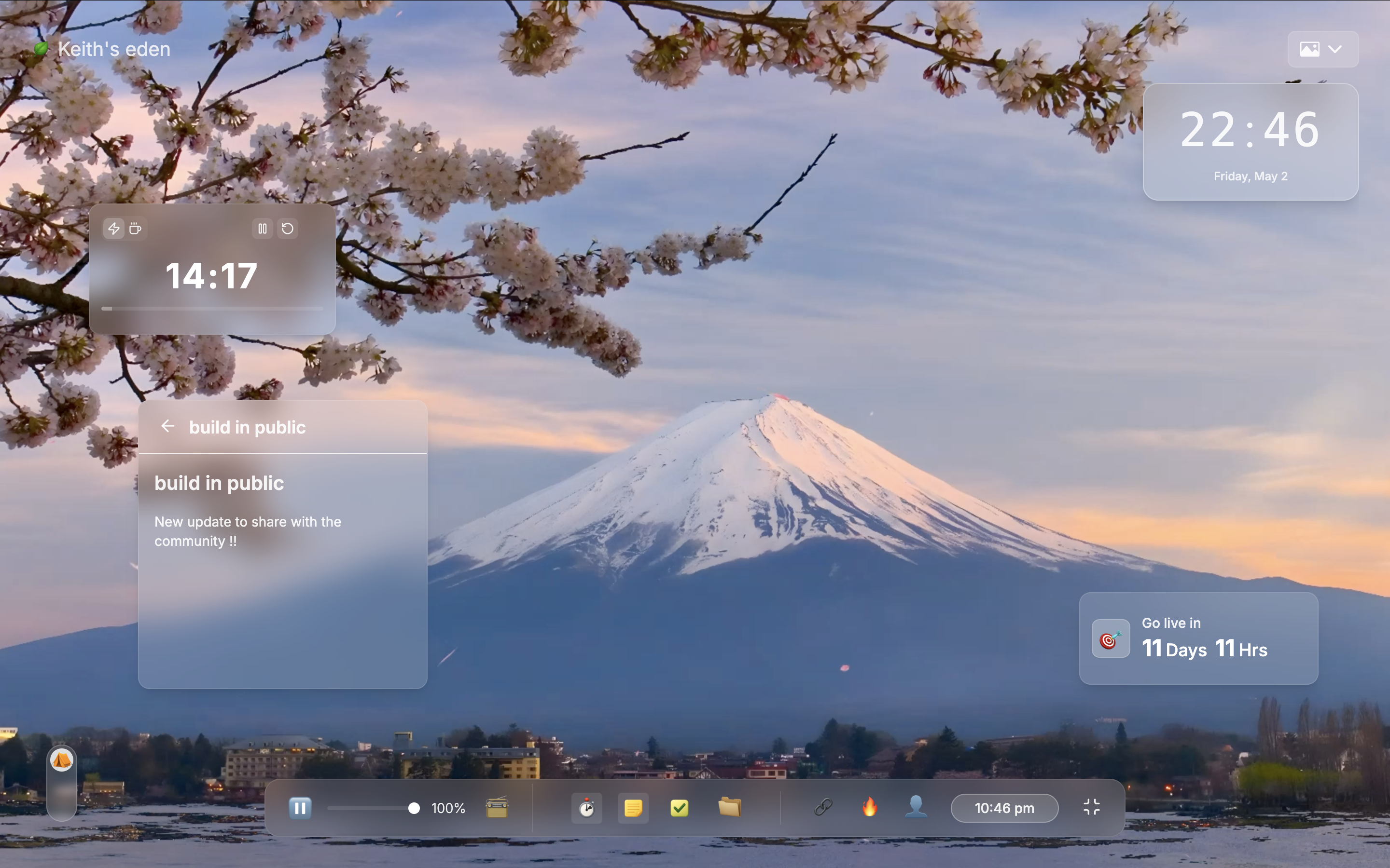 eden.pm Widgets shown are Countdown, clock, notes, and deadline. On a Mt Fuji 4K Video Background