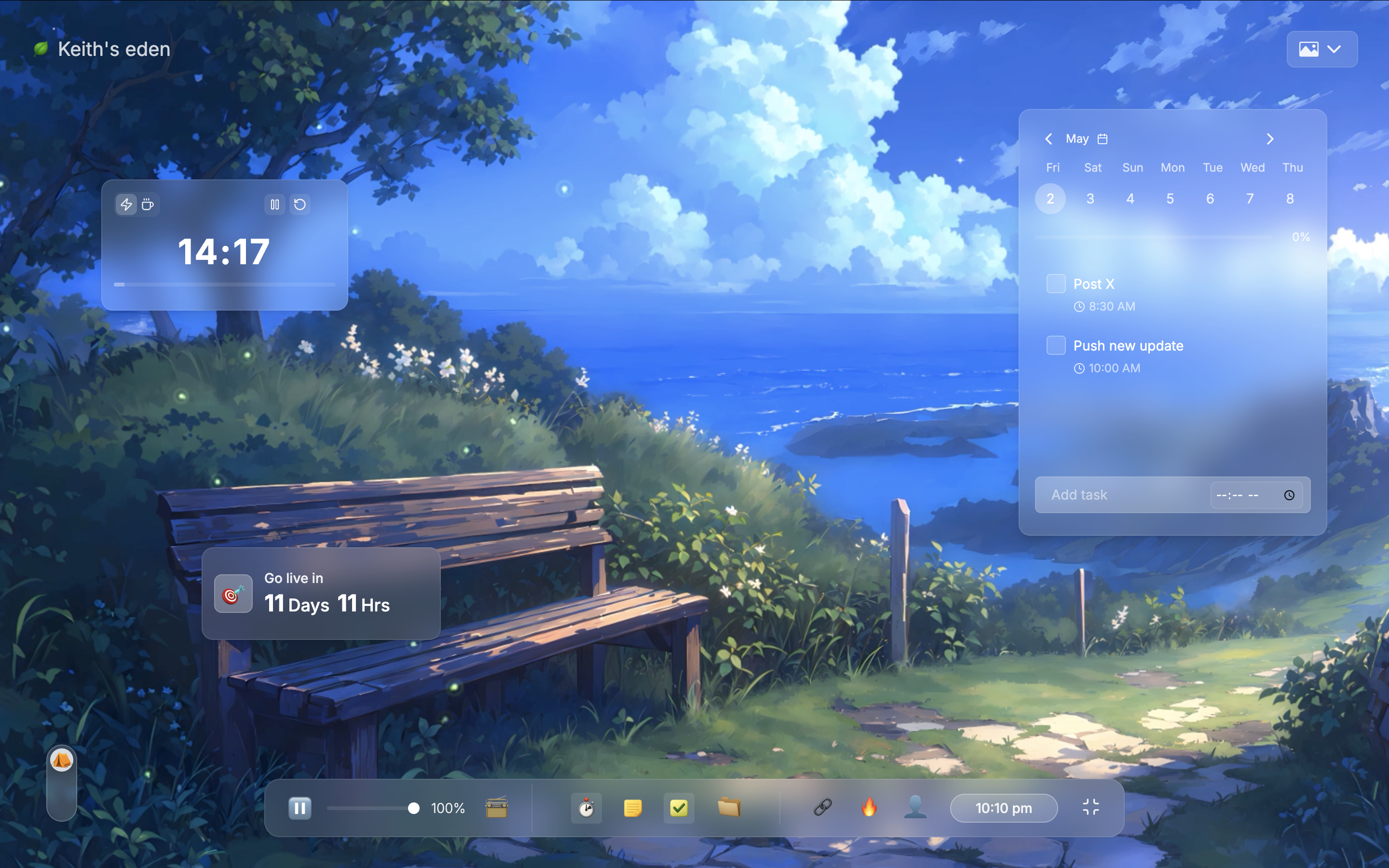 eden.pm A Lofi 4K Video background, with a todo list (calendar style with timeboxing), along with countdown and deadline