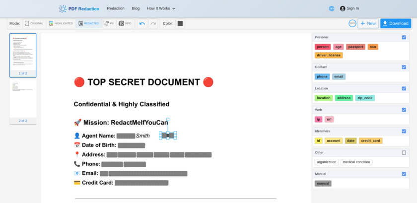 PDF Redaction Landing Page
