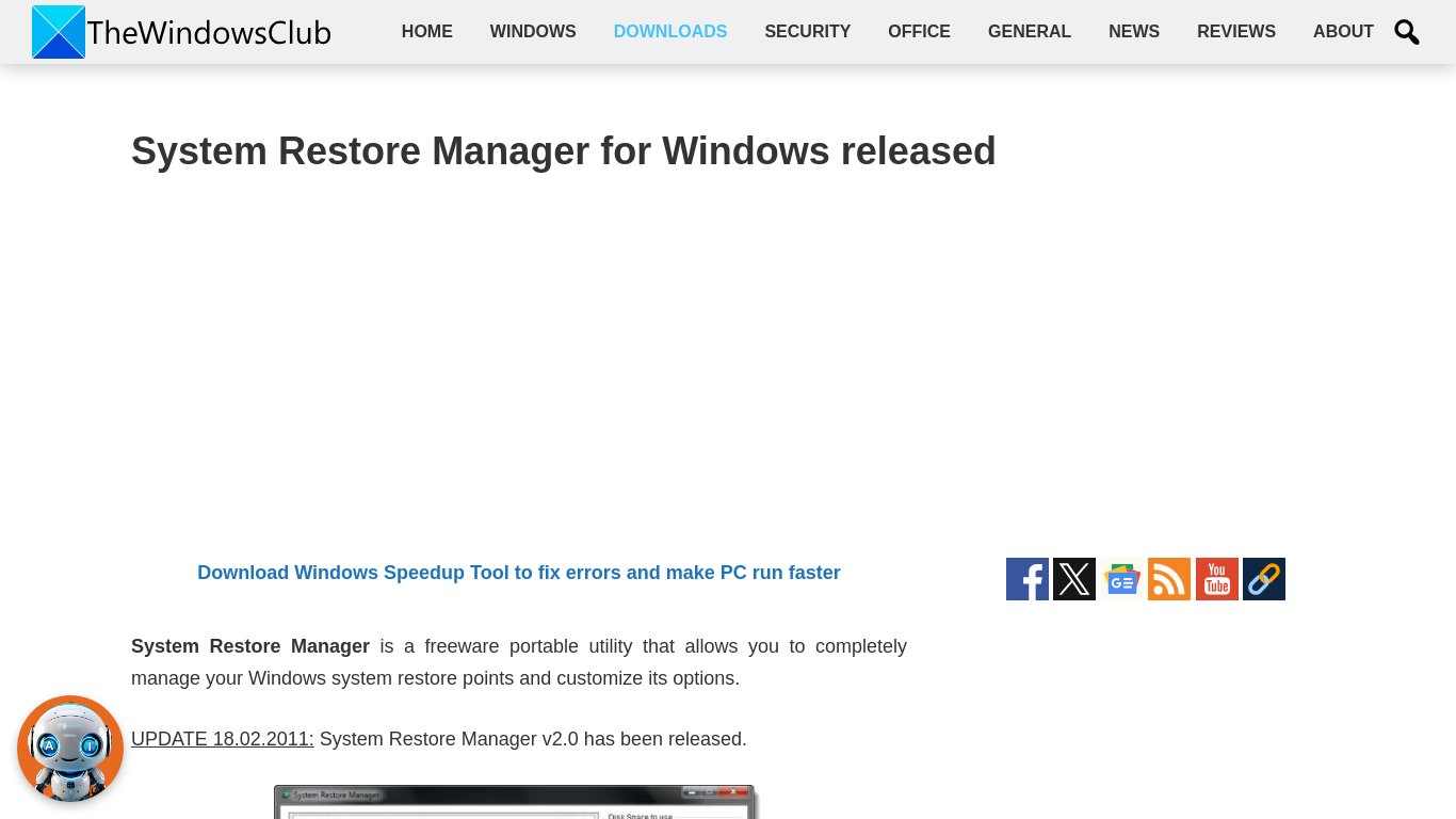 System Restore Manager Landing page