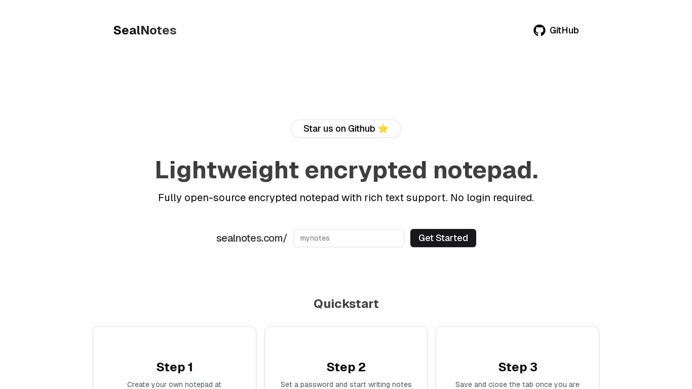 SealNotes Landing page