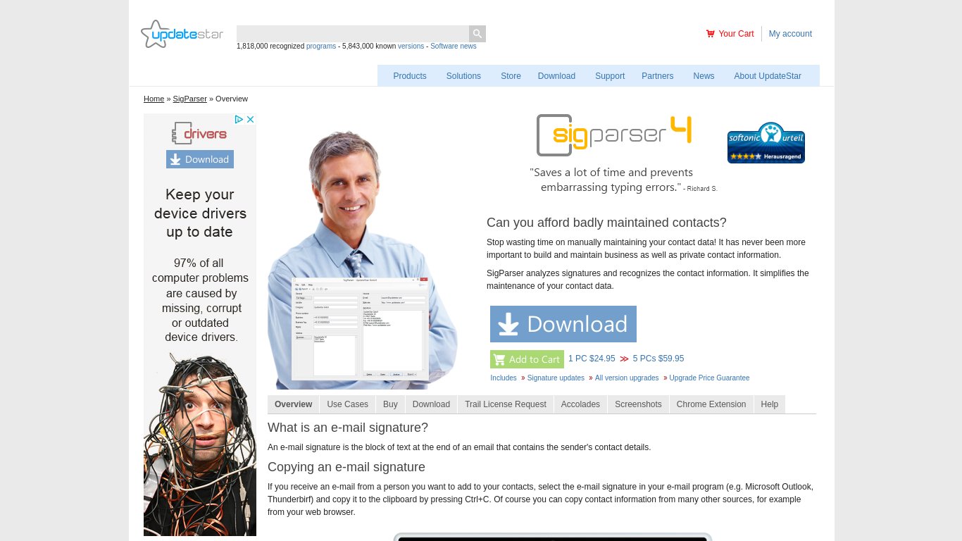 UpdateStar SigParser Landing page