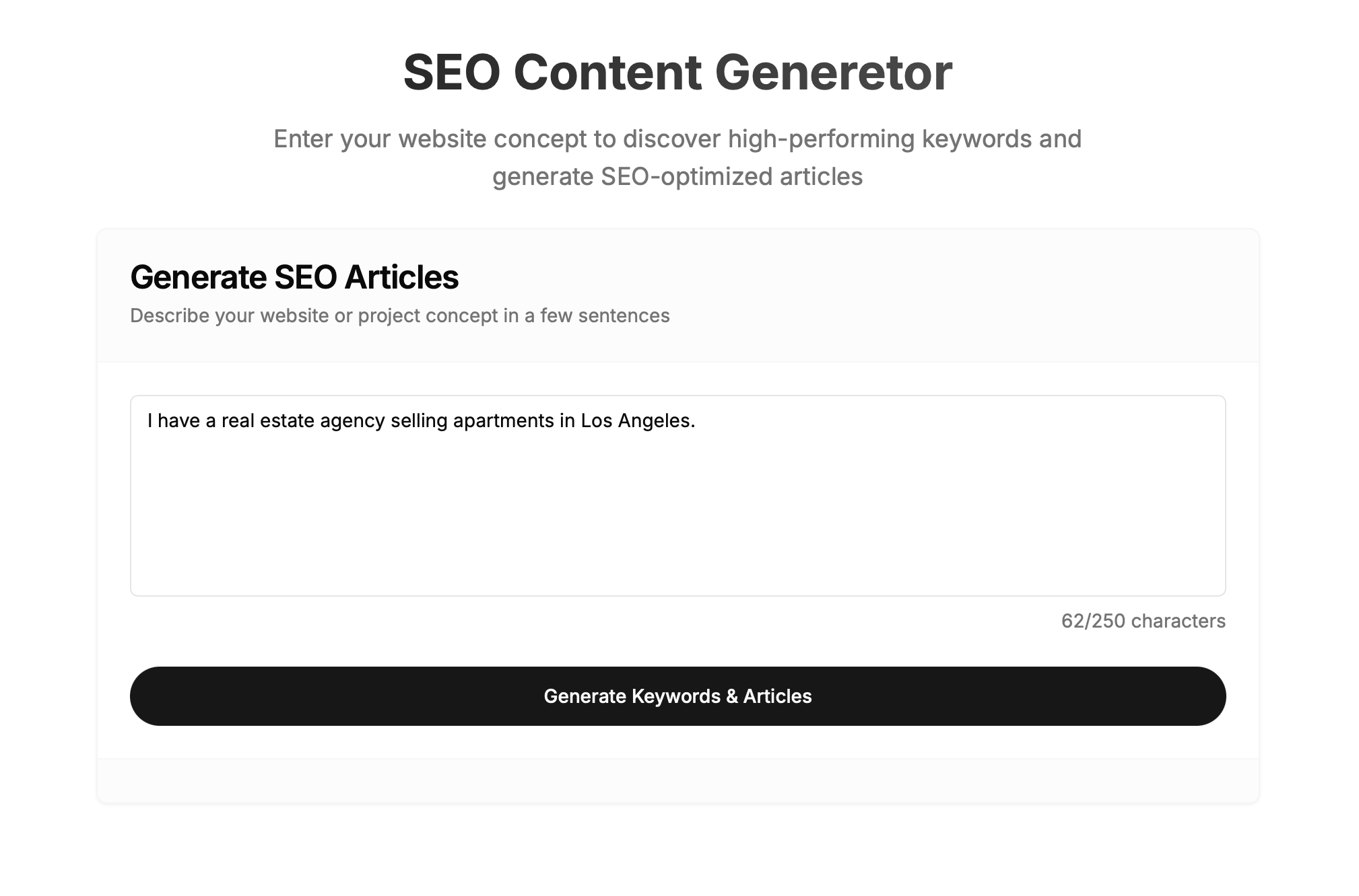 SEO Content Generator App Tool Input