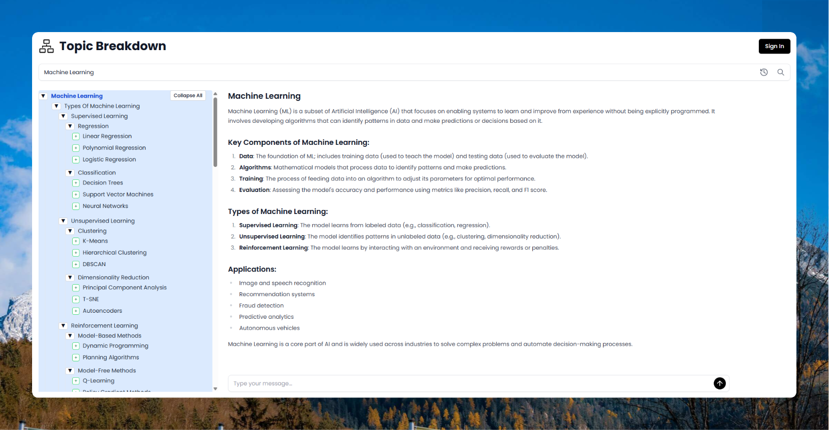 Topic Breakdown Topic breakdown main interface