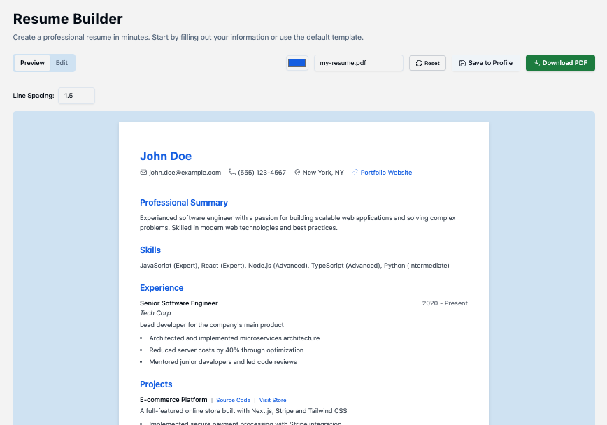MyDevPage Generate unlimited resumes