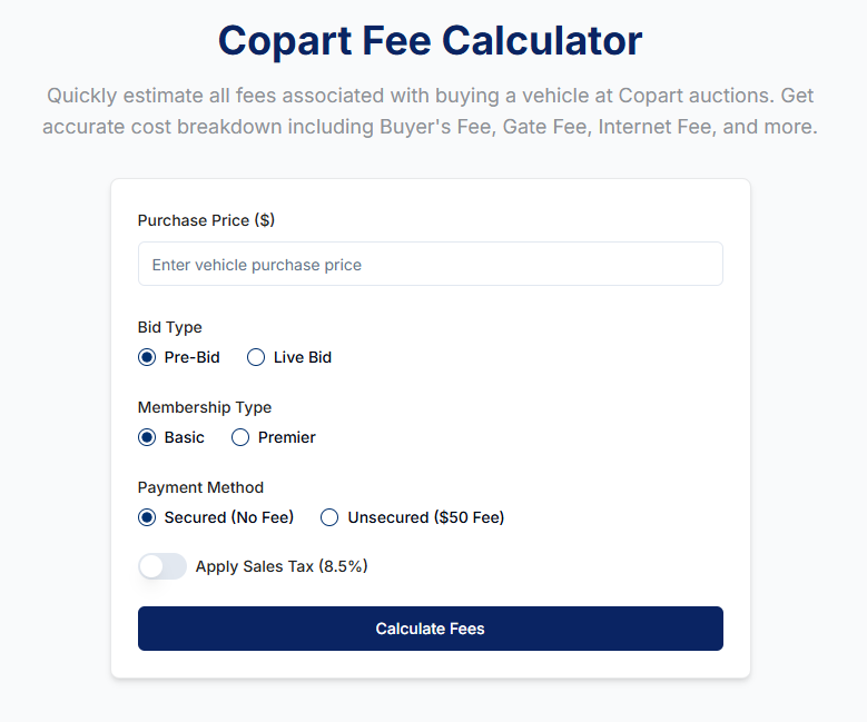 Copart Fee Calculator 