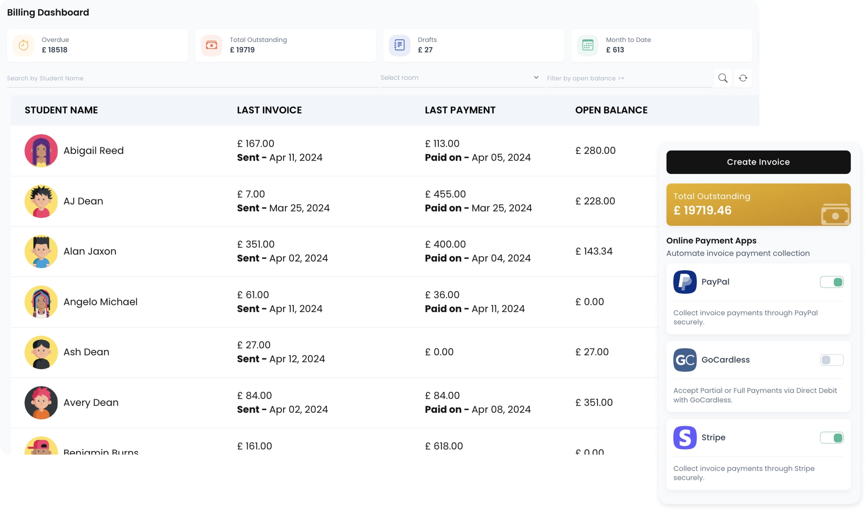 Cheqdin Billing Dashboard - Online Payments, Rules-based Invoicing