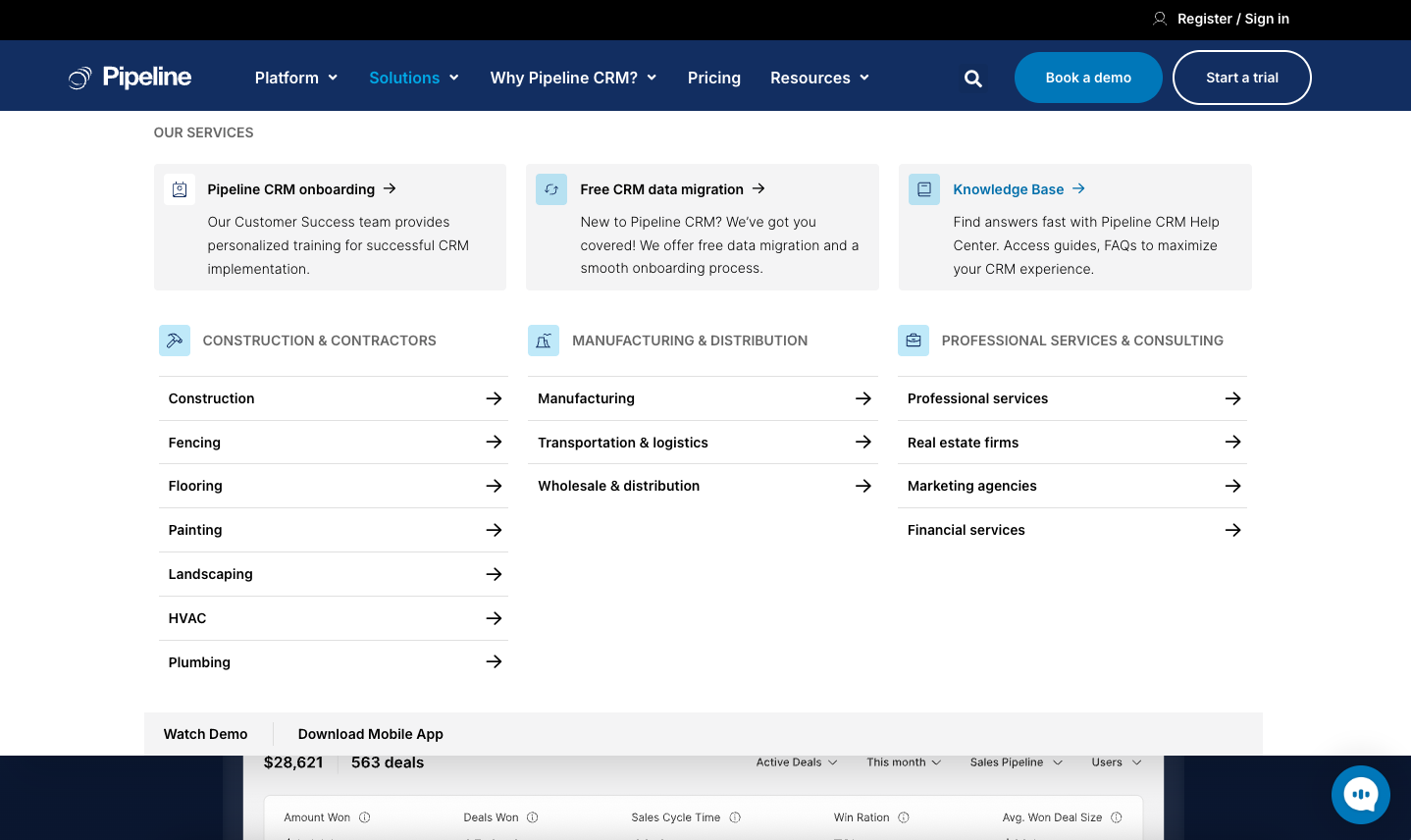 Pipeline CRM Pipeline CRM website - Solutions