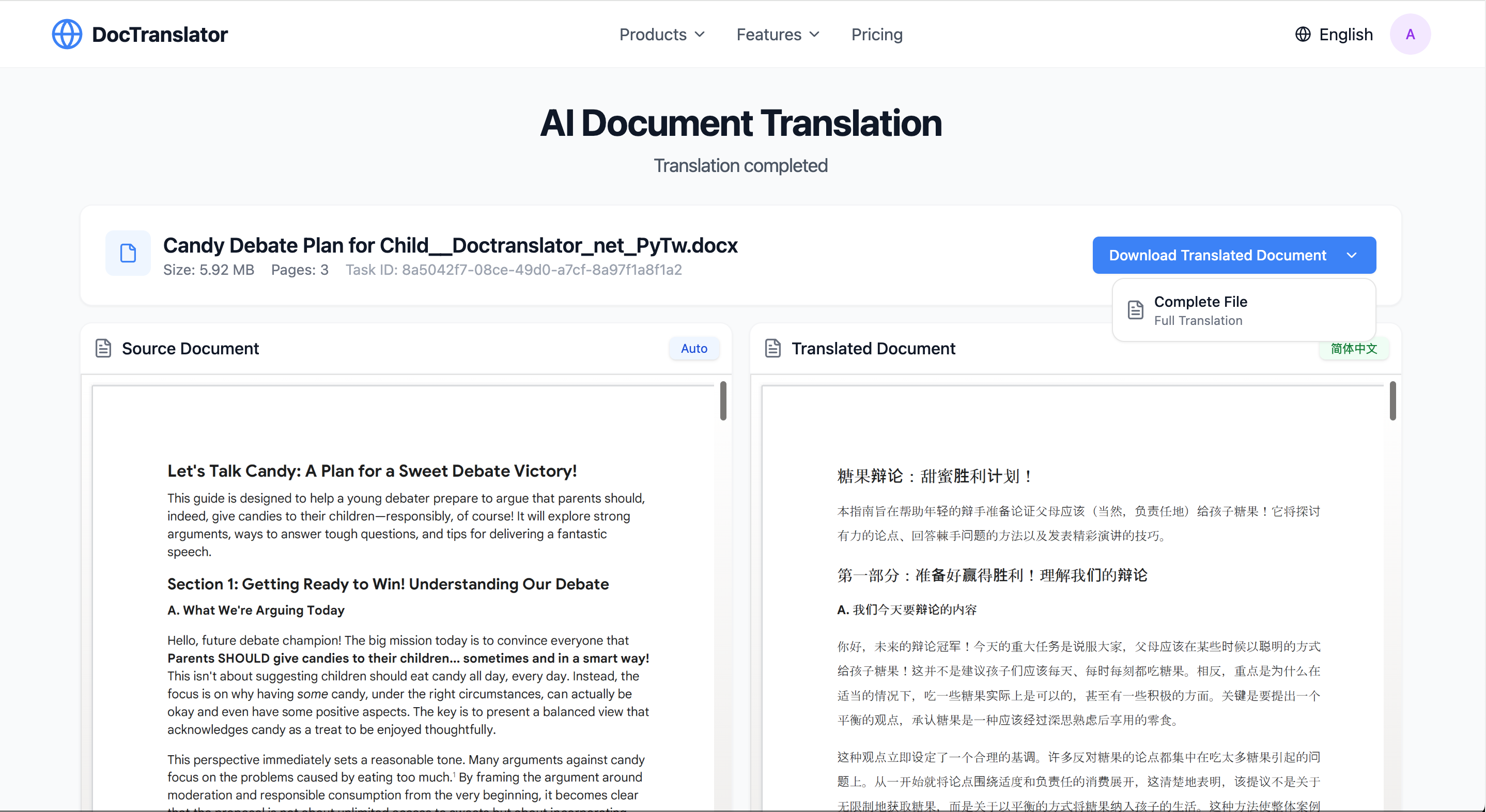 DocTranslator.net Instant Side by Side View