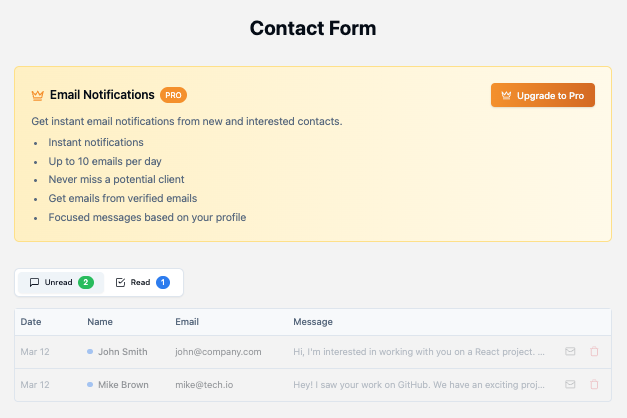 MyDevPage Manage all contact messages easily in your dashboard