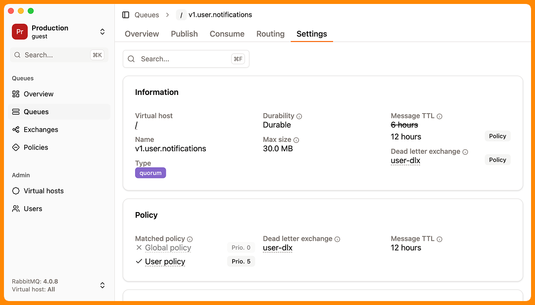 RabbitGUI Debug policies