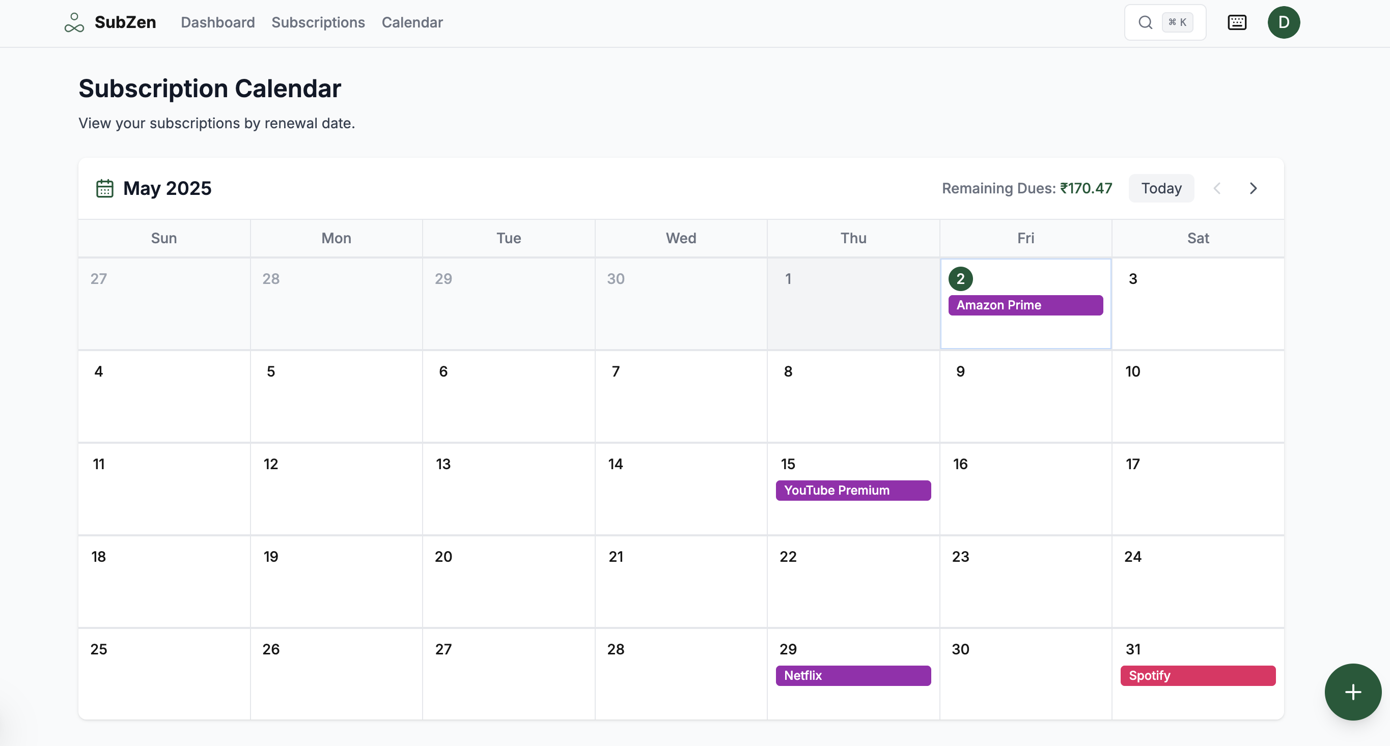 SubZen App Calendar