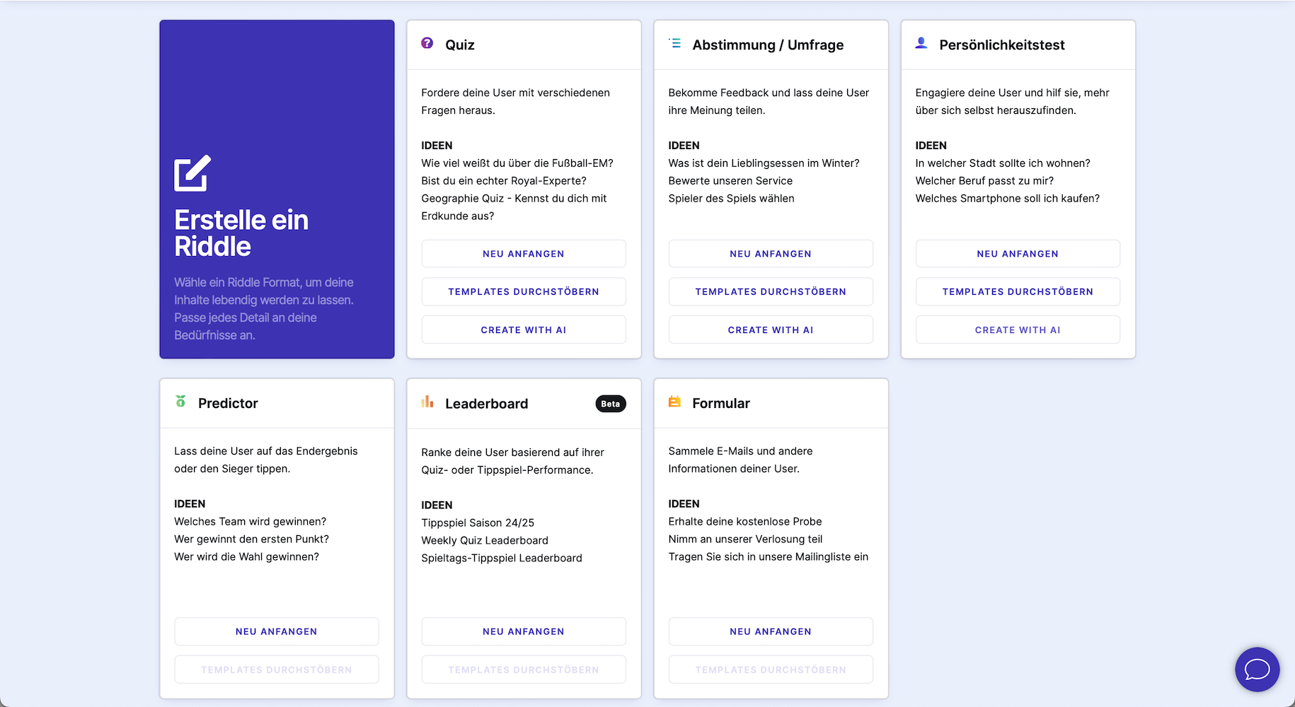 Riddle Create quizzes, personality tests, score predictors, surveys, polls, and more.