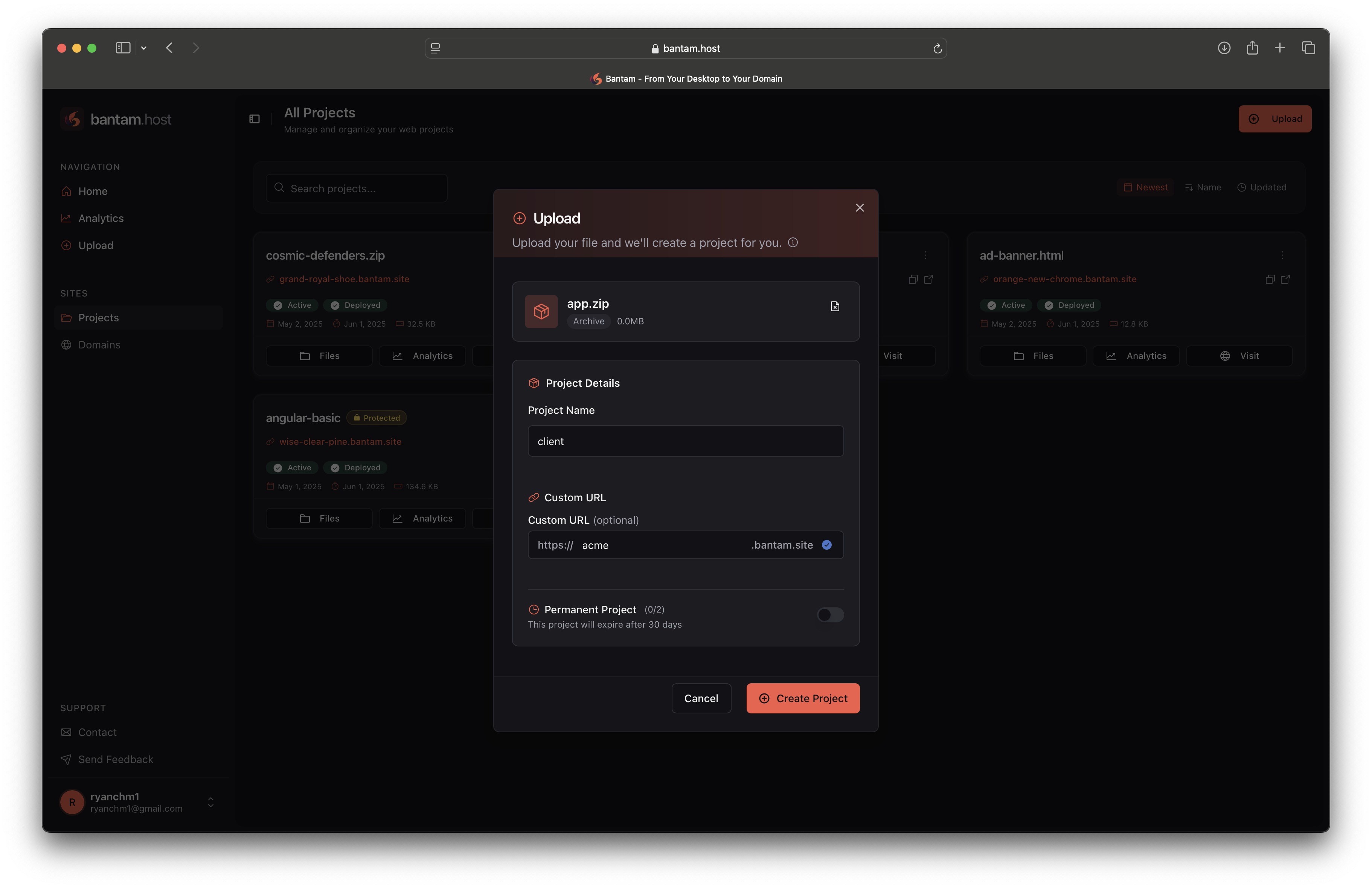 bantam.host Launching a Project
