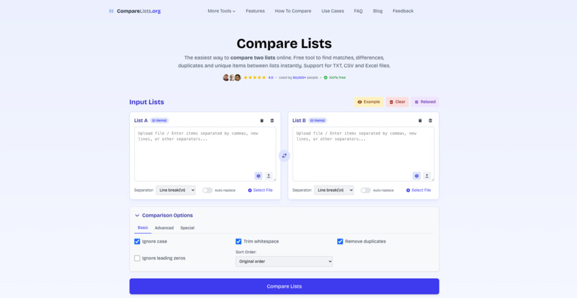 CompareLists.org Landing Page