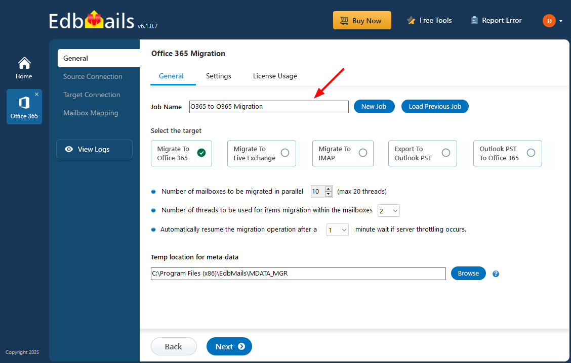 EdbMails Microsoft 365 Migration EdbMails Office 365 Migration Settings Configuration