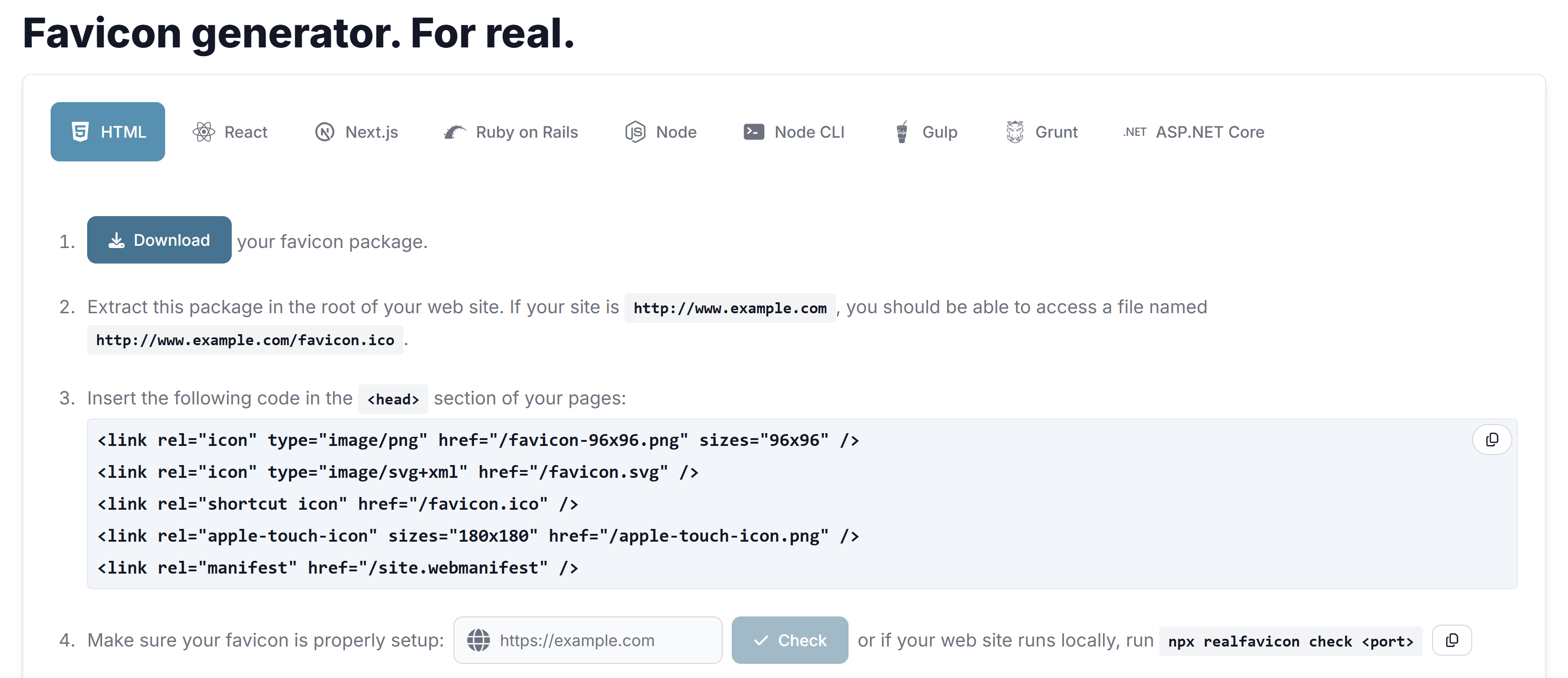 RealFaviconGenerator.net Favicon download and setup