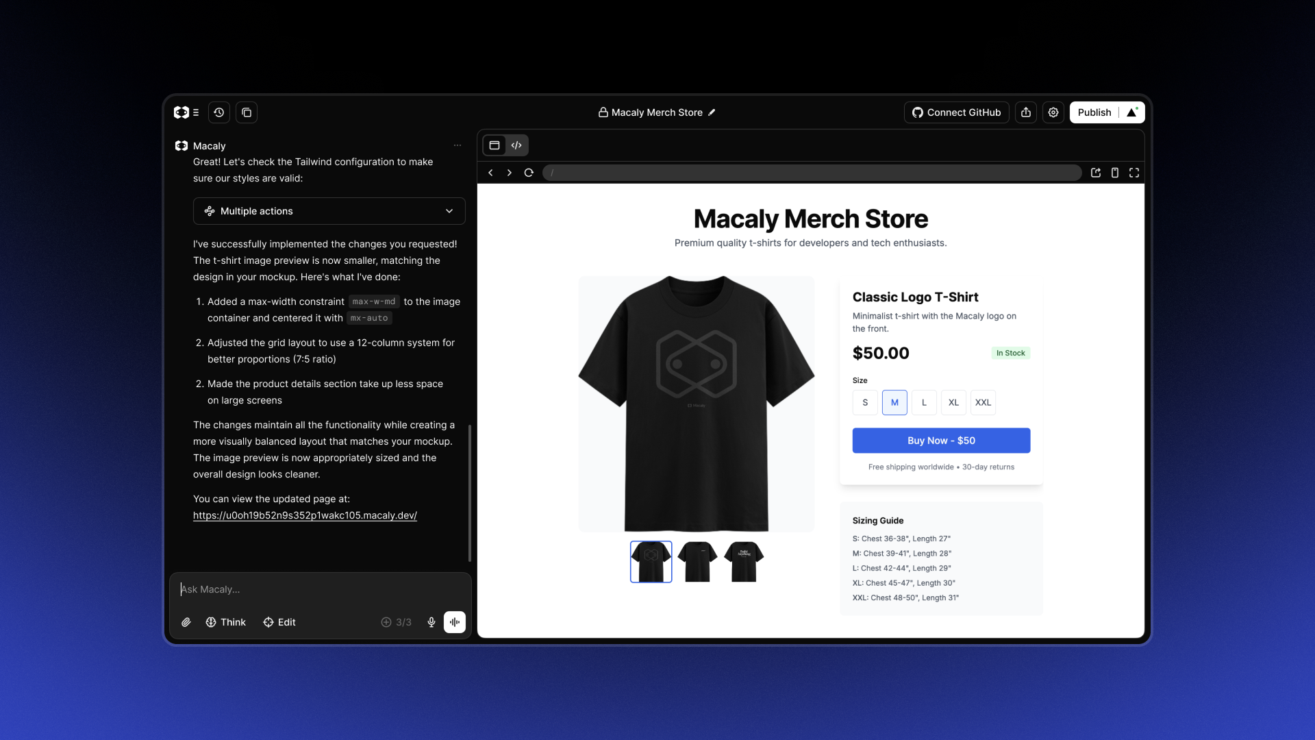 Macaly Building a merch store website with AI chat assistance and live preview.
