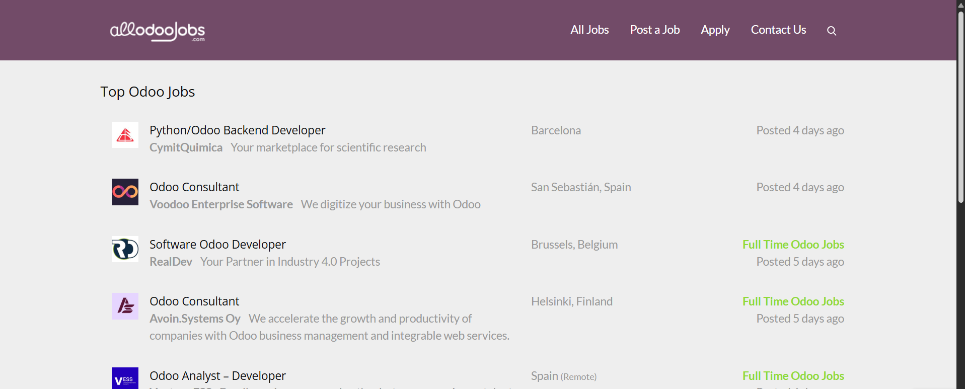 All Odoo Jobs Landing page