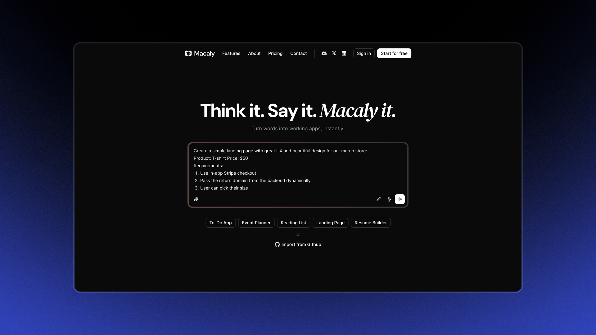 Macaly Main interface with text input and project template options.
