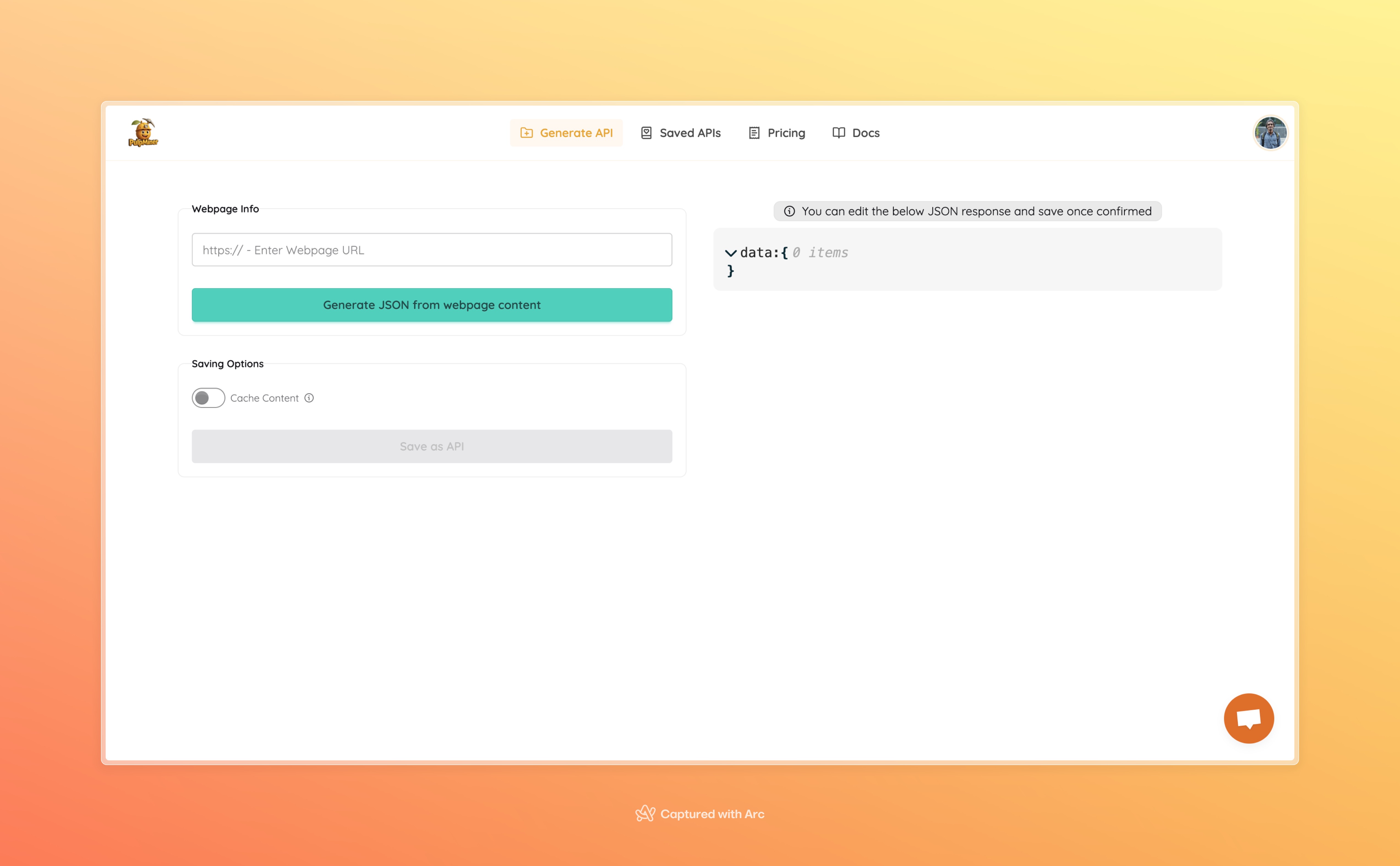 PulpMiner Generate API UI Screen