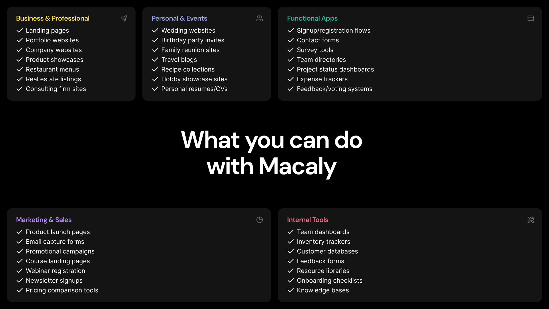 Macaly Different types of projects you can create across various categories.