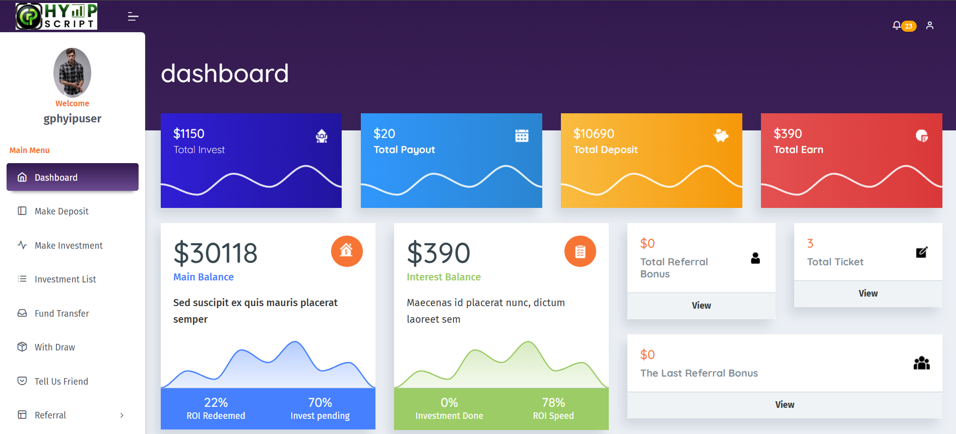 HYIP Script Demo Dashboard 