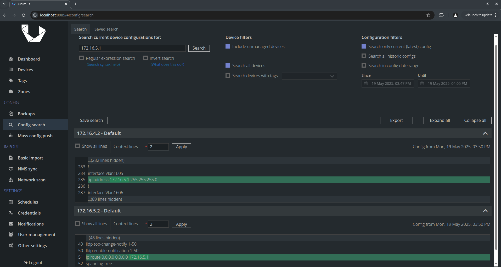 Unimus Config search
