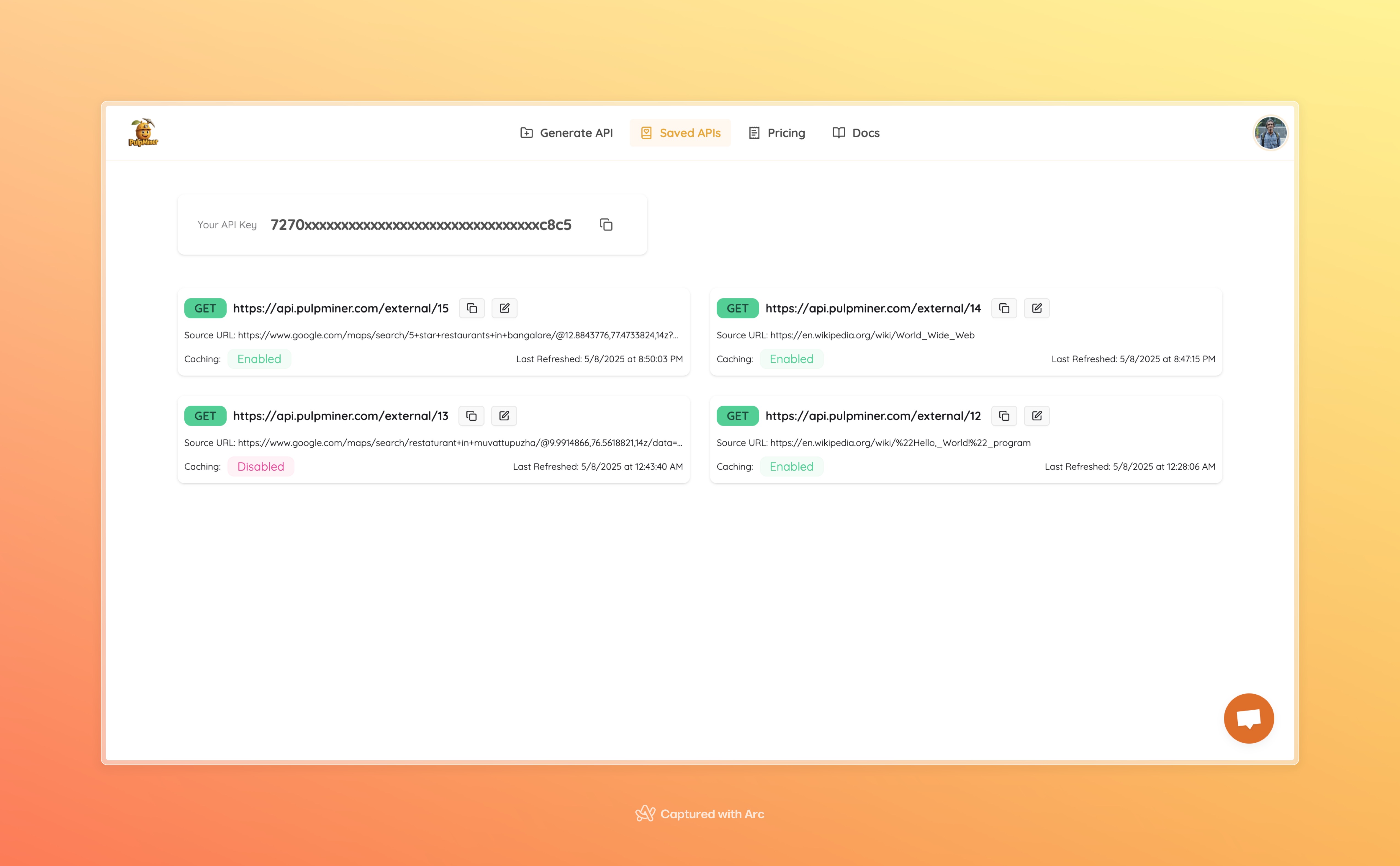 PulpMiner Saved API's UI Screen
