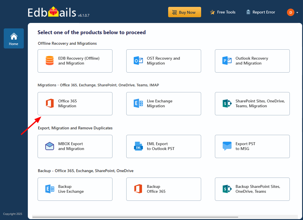 EdbMails Microsoft 365 Migration EdbMails Ofiice 365 Migration Selection Interface