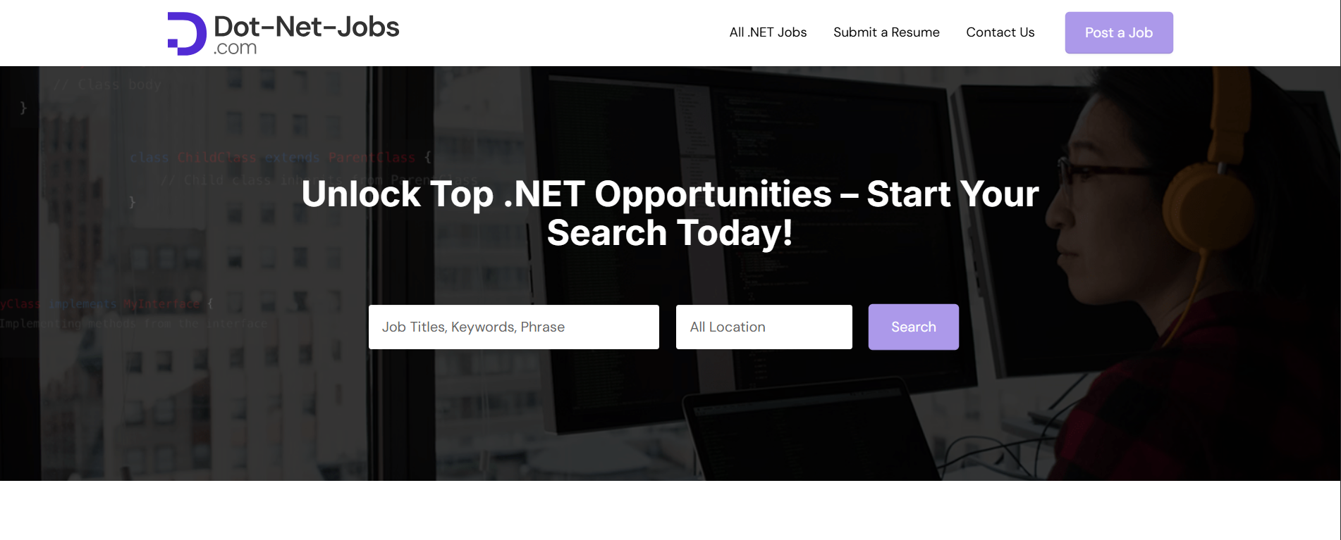 Dot Net Jobs Landing page