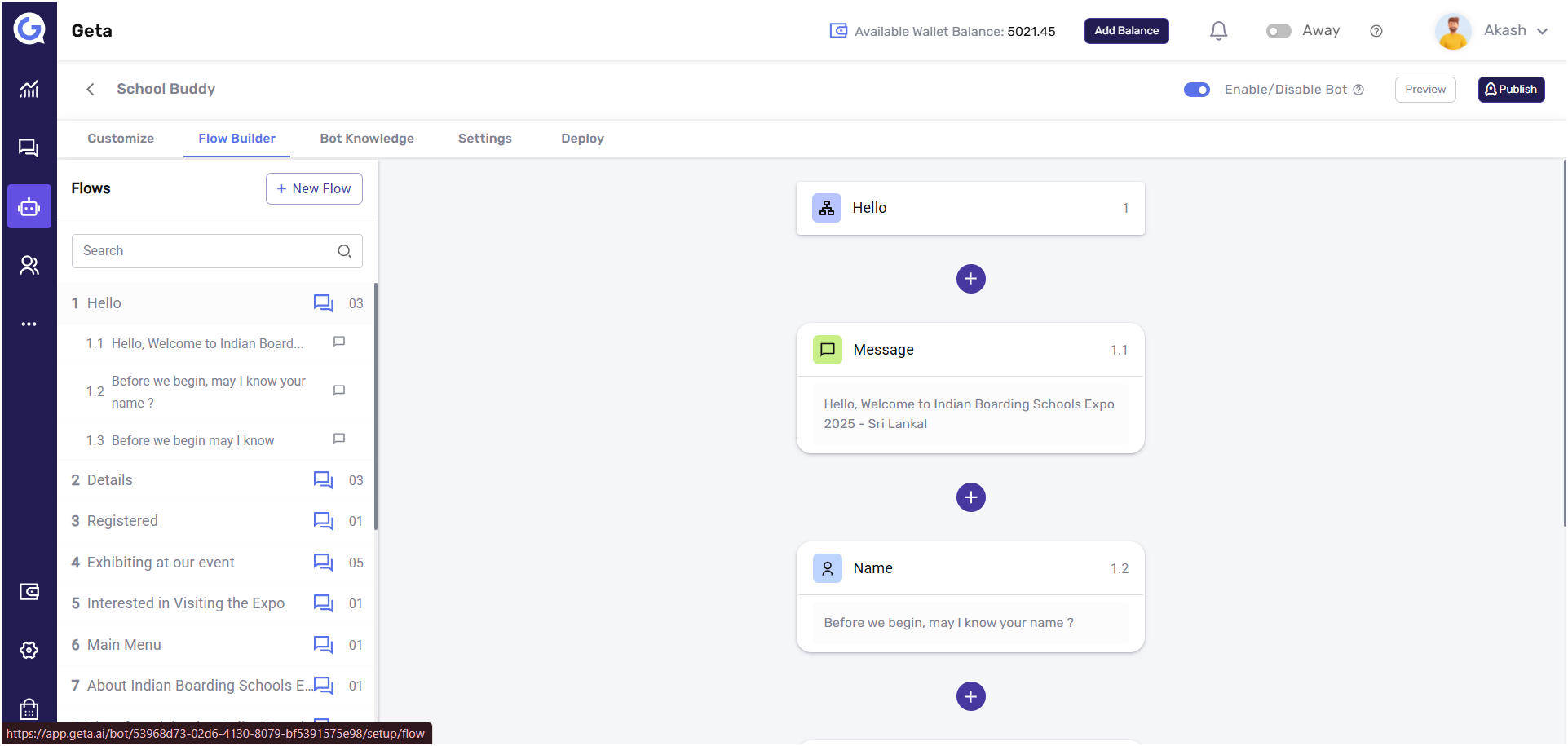 GETA.AI Bot Flow Builder