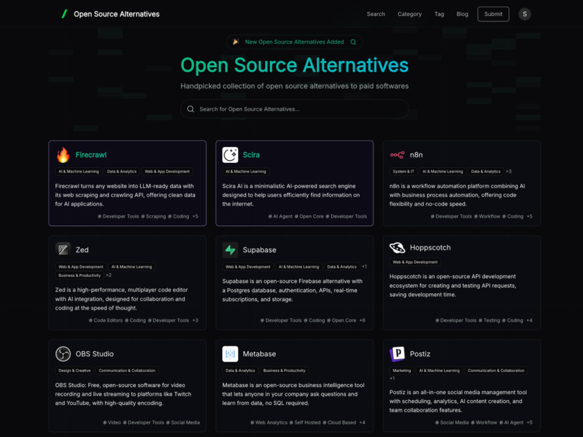 OpenSourceAlternatives.to Landing Page