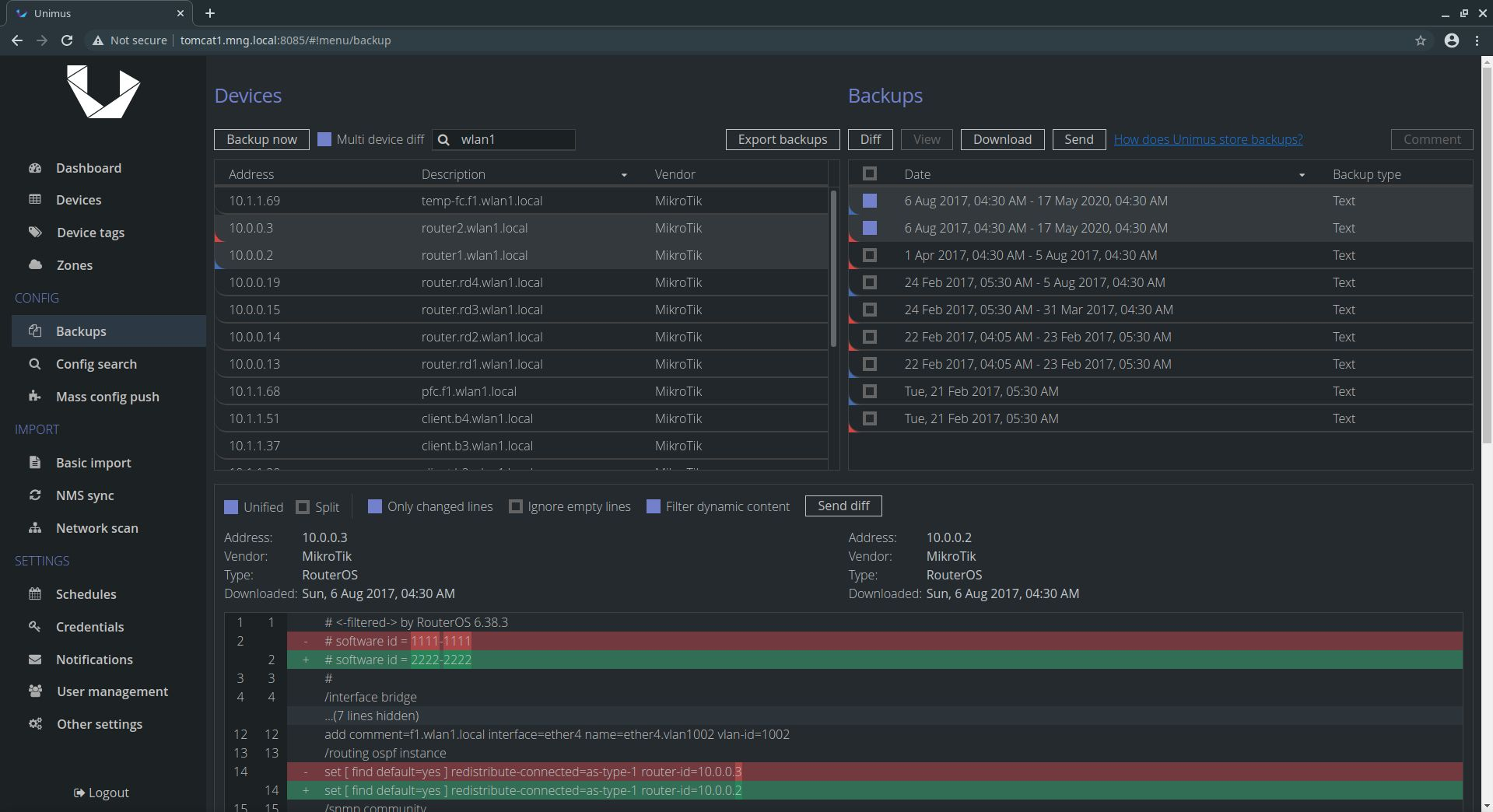 Unimus Backups and diffs