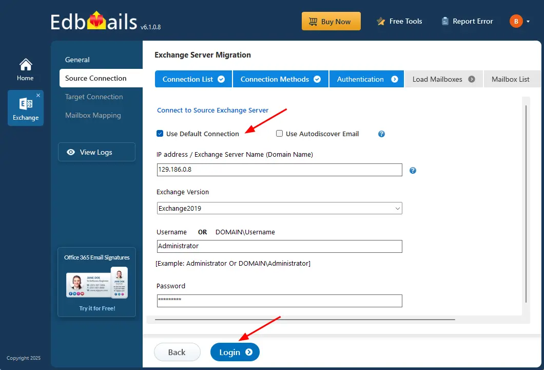 EdbMails Exchange Migration EdbMails Exchange Migration Source Connection