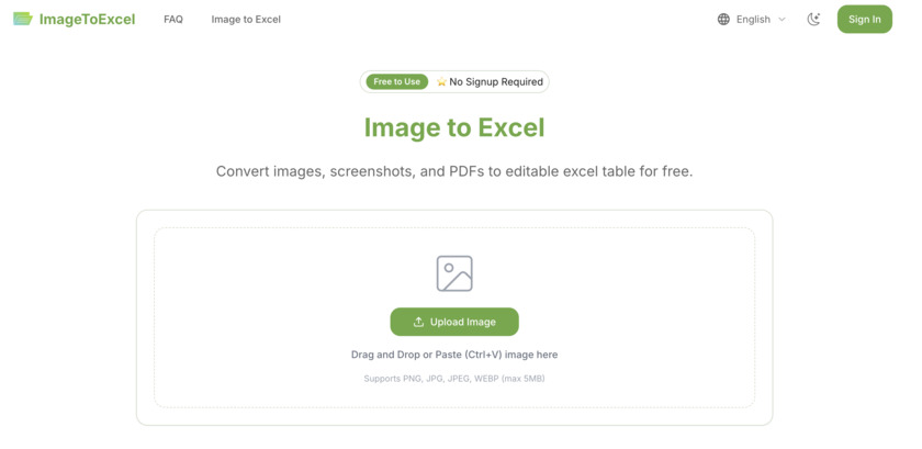 ImageToExcel.org Landing Page