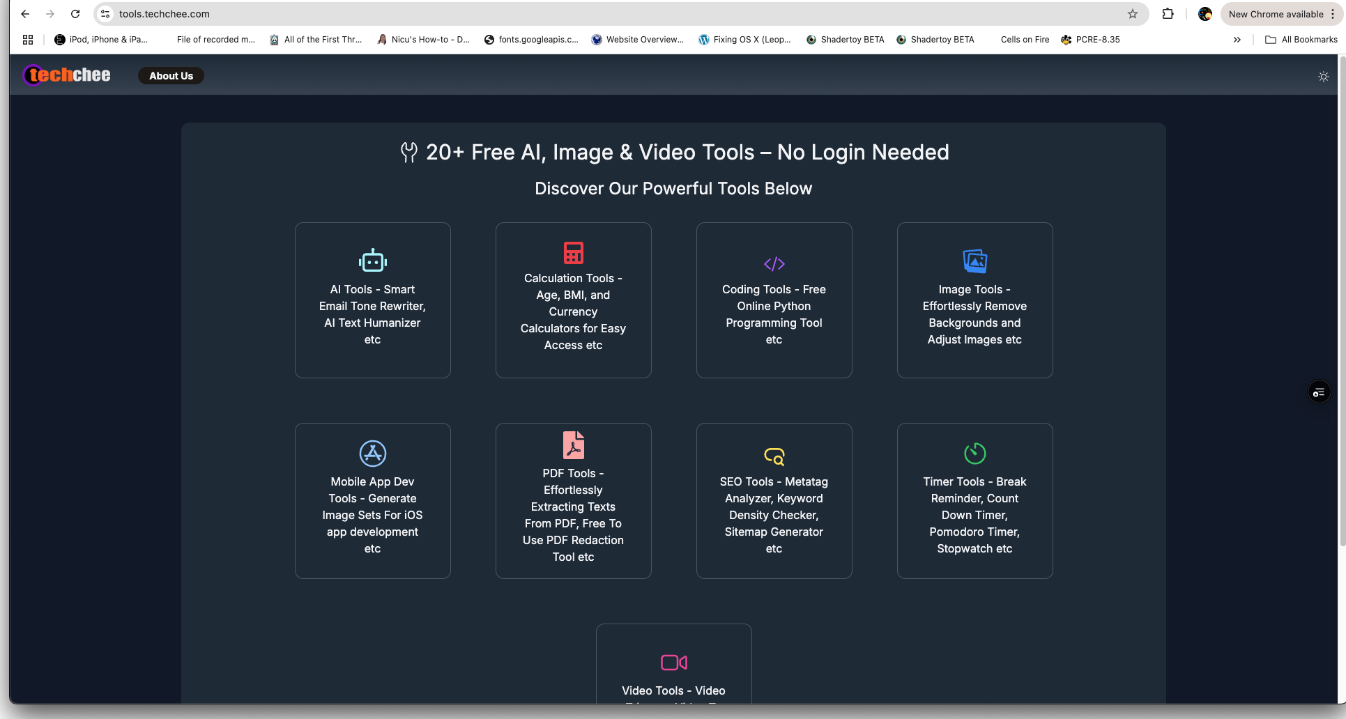TechChee Tools Homepage in darkmode