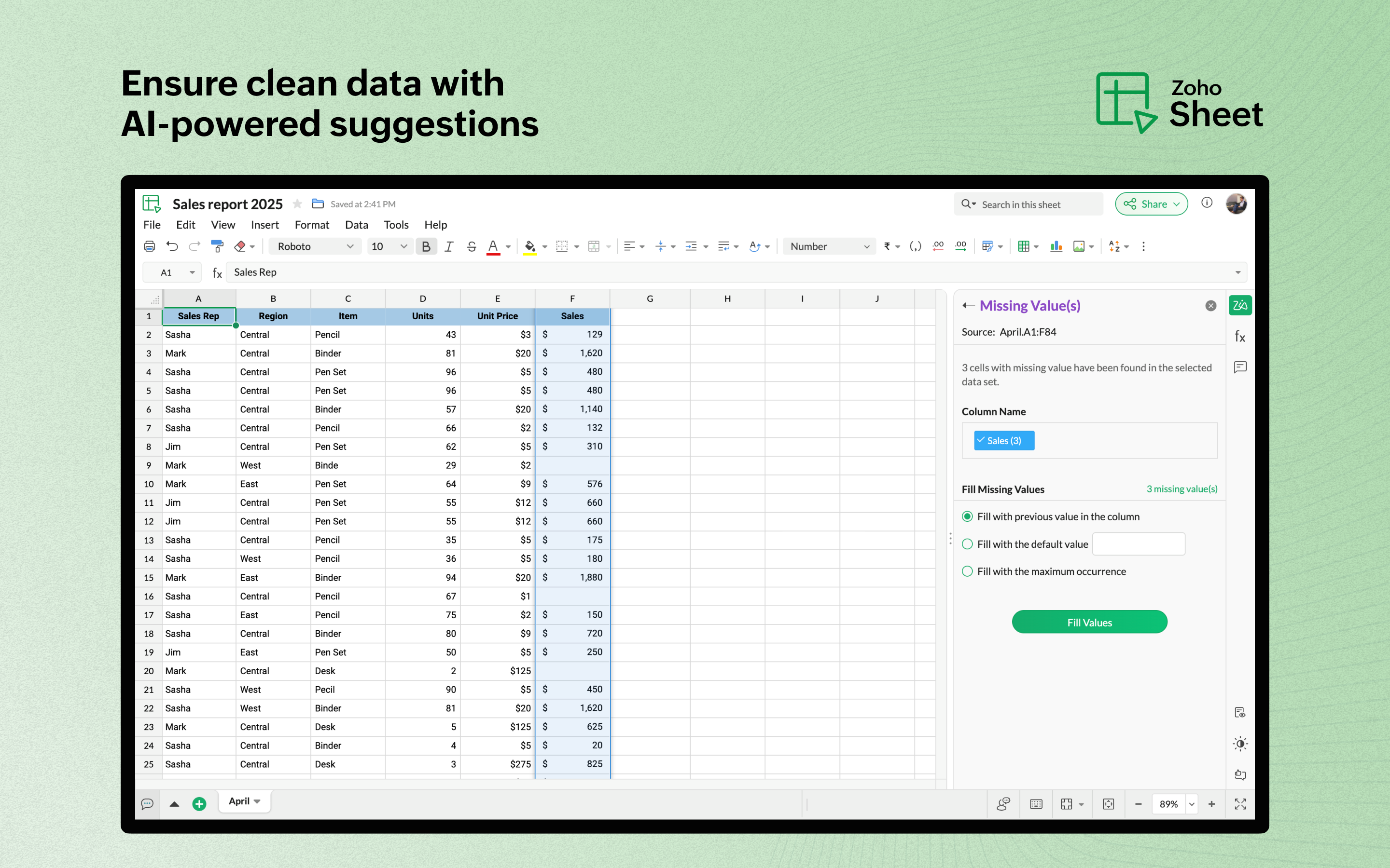 Zoho Sheet AI-powered data cleaning suggestions