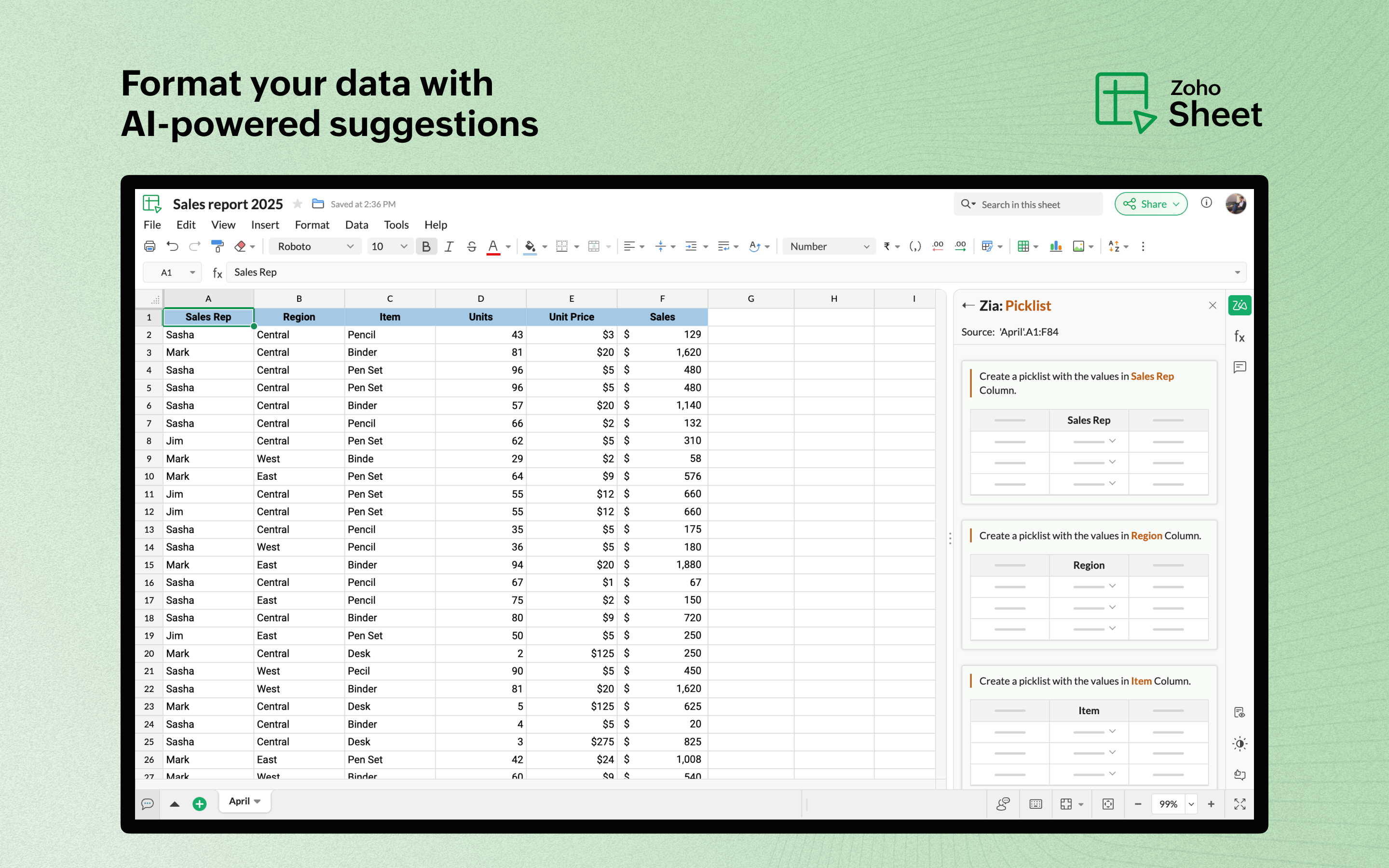 Zoho Sheet AI-powered formatting suggestions